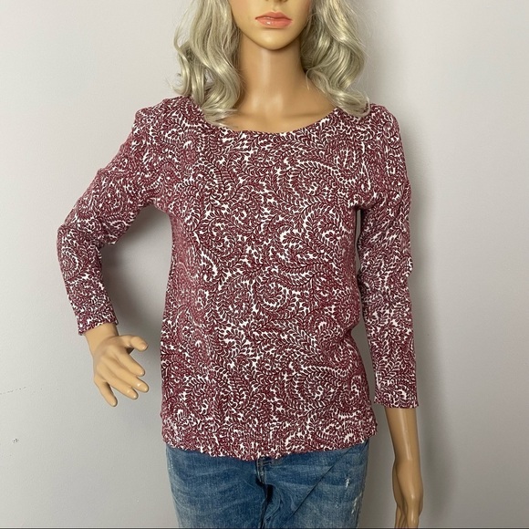 Loft Cotton Sweater Fern Print Crewneck Button Back Burgundy/Cream Size Small - Picture 1 of 12